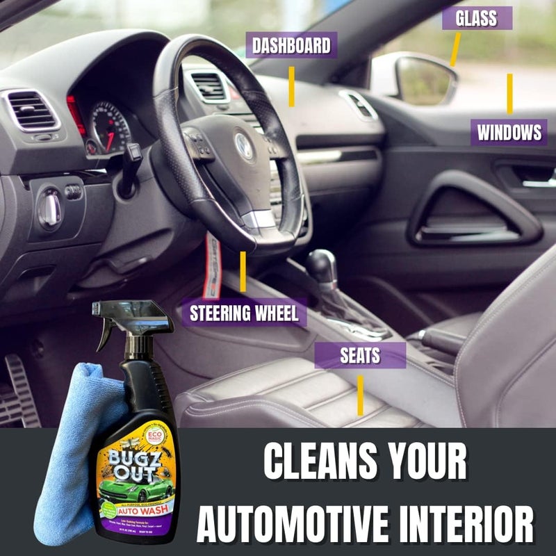Bugz Out منظف حشرات السيارات، مزيل وغسيل - رذاذ لإزالة الحشرات، القطران، فضلات الطيور من خارج السيارة والزجاج الأمامي. إزالة الخطوط السوداء دون خدش أو إزالة الطلاء. زجاجة رذاذ سعة 24 أونصة مع قطعة قماش ميكروفايبر. - Image 4